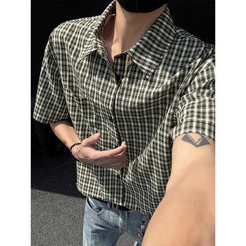 Riolio Summer Short Sleeved Shirt Men Fashion Retro Plaid Shirt Men Streetwear Korean Loose Vintage Casual Shirts Mens Large Size 5XL